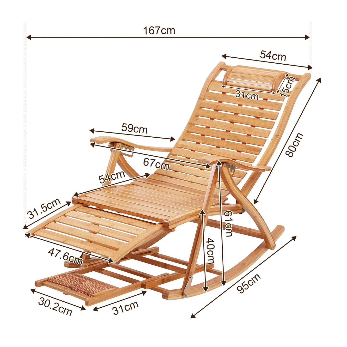 Heavy Duty Bamboo Rocking Chair Adjustable Lounge Recliner
