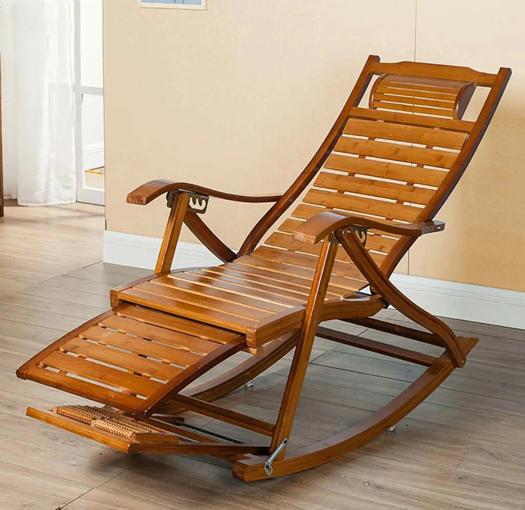 Heavy Duty Bamboo Rocking Chair Adjustable Lounge Recliner
