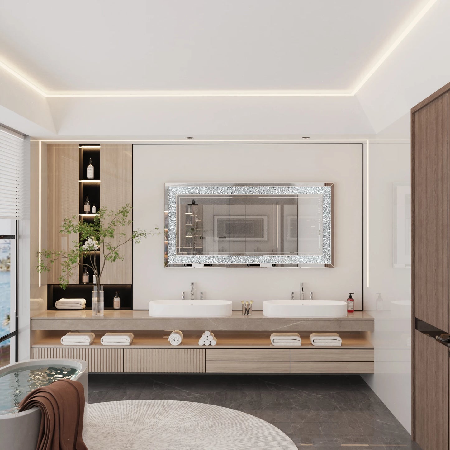 Crush Diamond Wall Mirror 48 By 24 Large Glam Silver Vanity With Beveled Glass