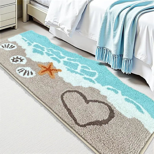 Blue Ocean Wave Bath Mat Soft Absorbent Non Slip Backing Coastal Decor
