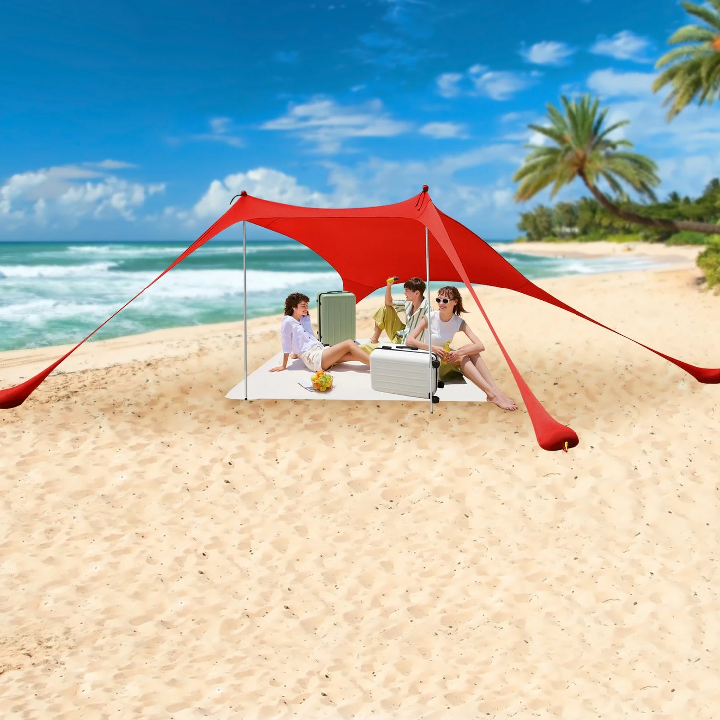 Red 2m x 1.6m Beach Elastic Sunshade Outdoor Tent for 2-3 People Ideal for Camping Fishing and Picnics