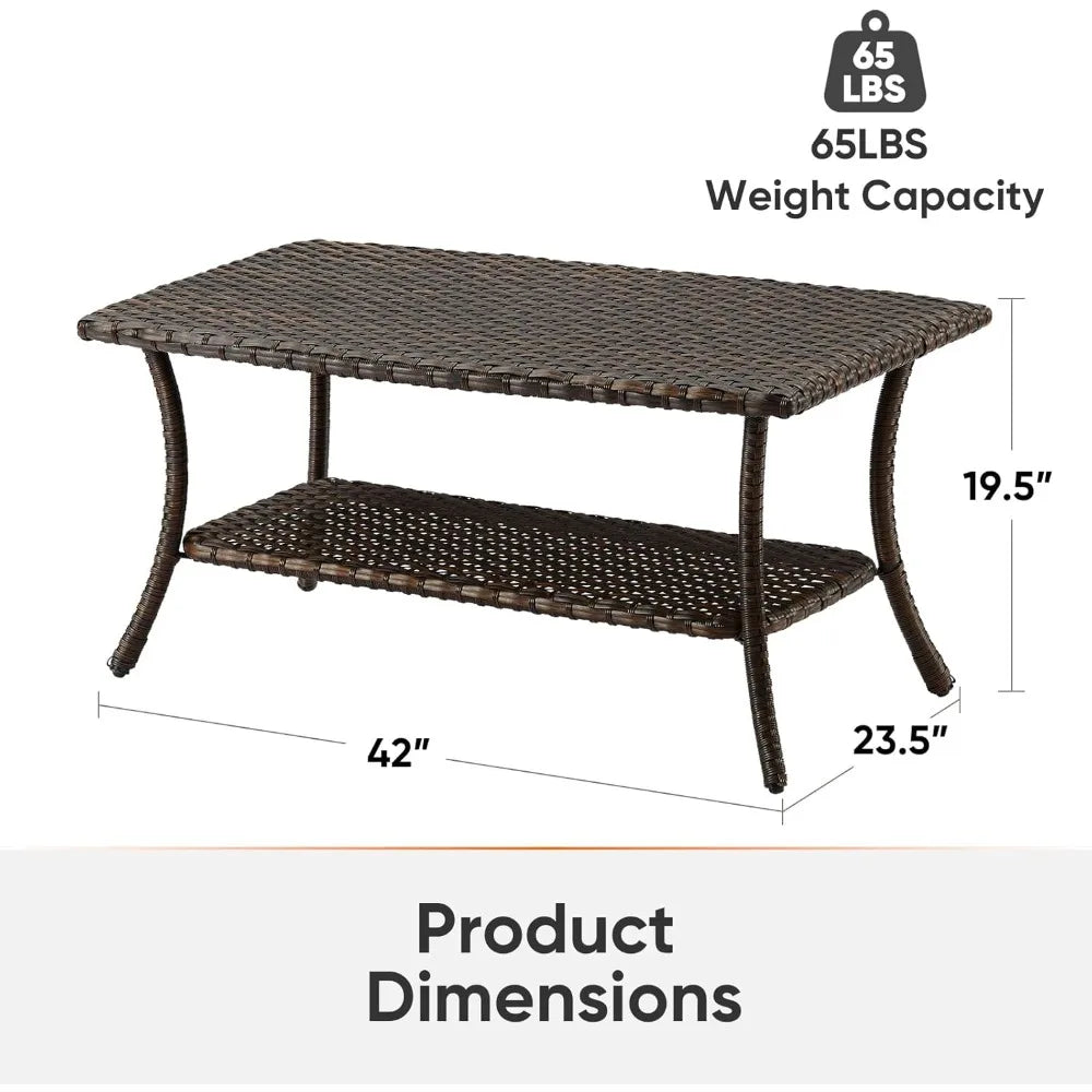 Outdoor Rattan Coffee Table With 2 Layer Storage For Garden Porch Backyard