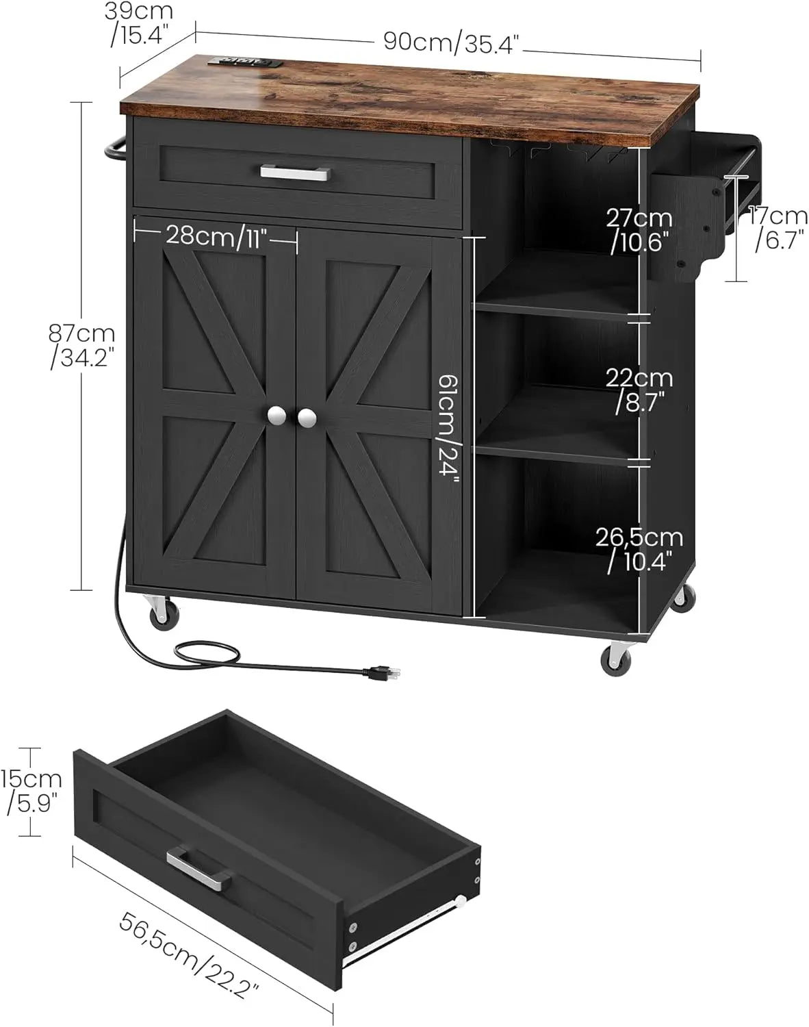 Kitchen Island Trolley With Power Outlet Spice Rack Drawer