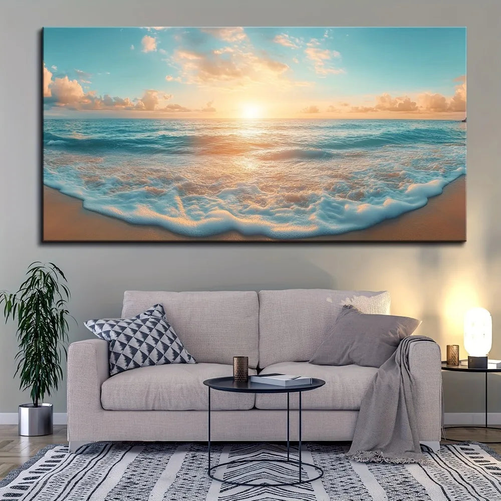 Natural Beach Sunset Canvas Print With Solid Pine Wood Frame