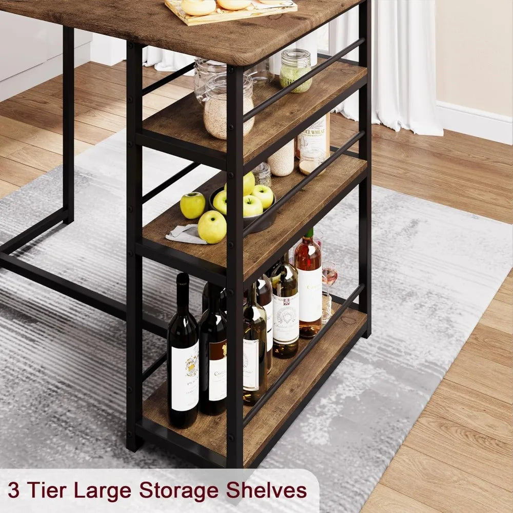3 Piece Bar Table Set With 2 Upholstered Stools And 3 Tier Storage Shelves Steel