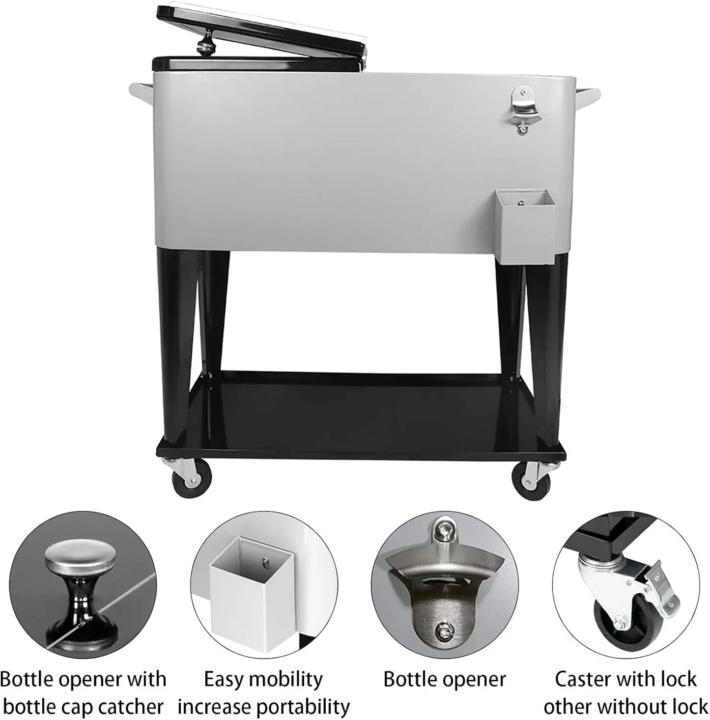 80 Qt Rolling Cooler Cart Ice Chest For Outdoor Patio Party