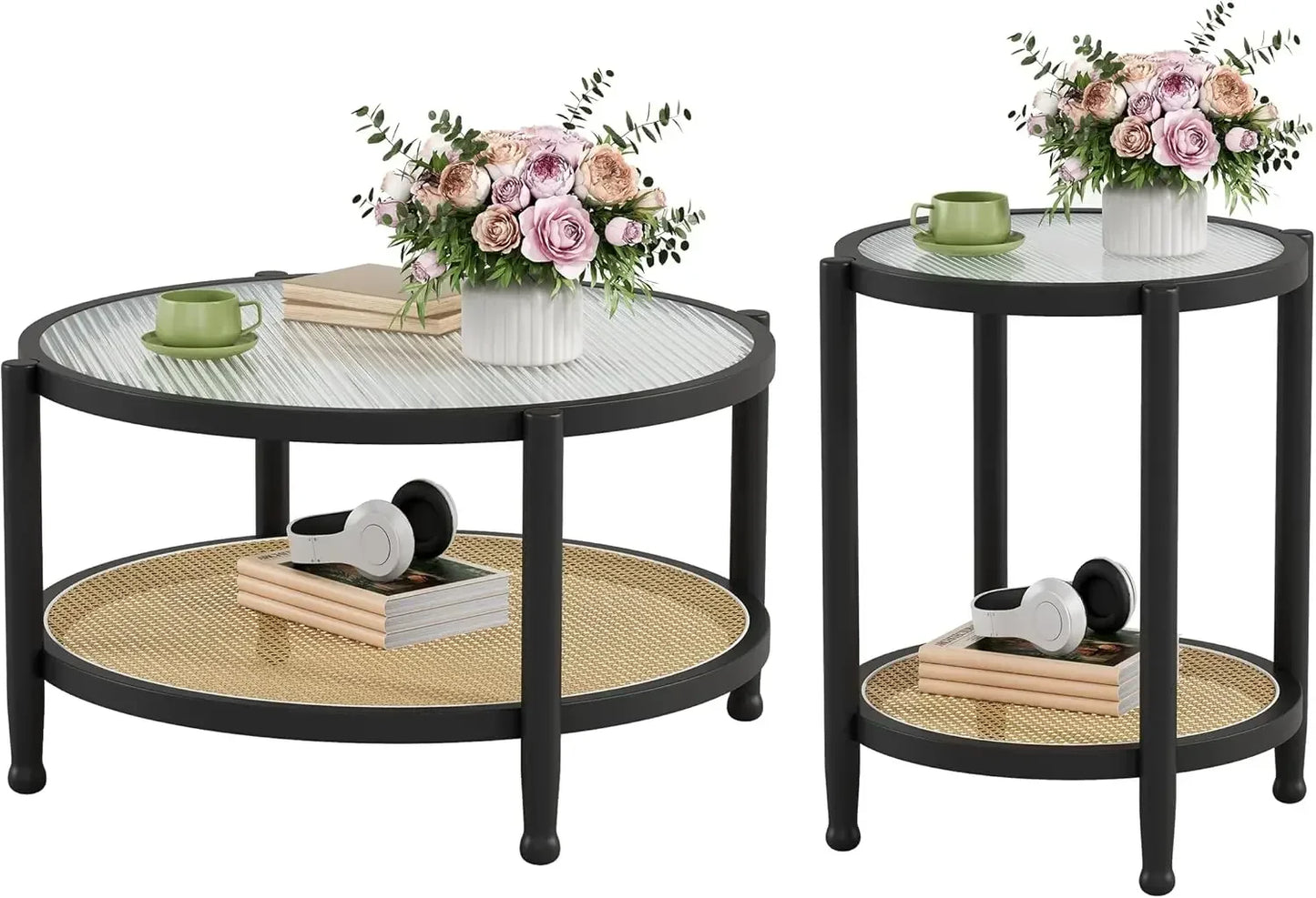 Rattan Round Coffee Table Set of 2 Farmhouse Boho Wood Two Tier Storage