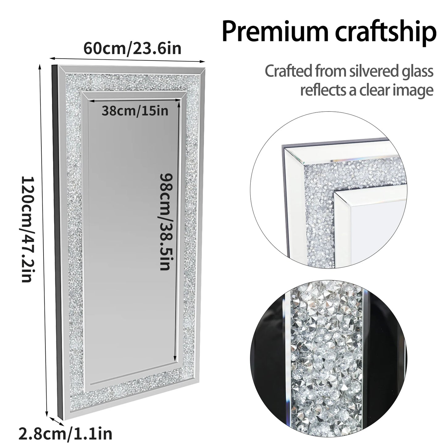 Crush Diamond Wall Mirror 48 By 24 Large Glam Silver Vanity With Beveled Glass