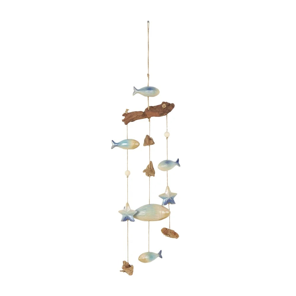 40 Inch Brown Ceramic Fish Wind Chime with Driftwood and Wooden Beads Indoor Outdoor Decor Coastal Home Accent