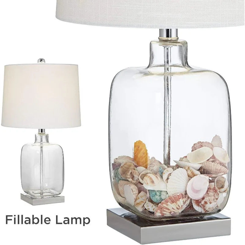 Coastal Table Lamps Set of 2 Brushed Steel Glass Shade