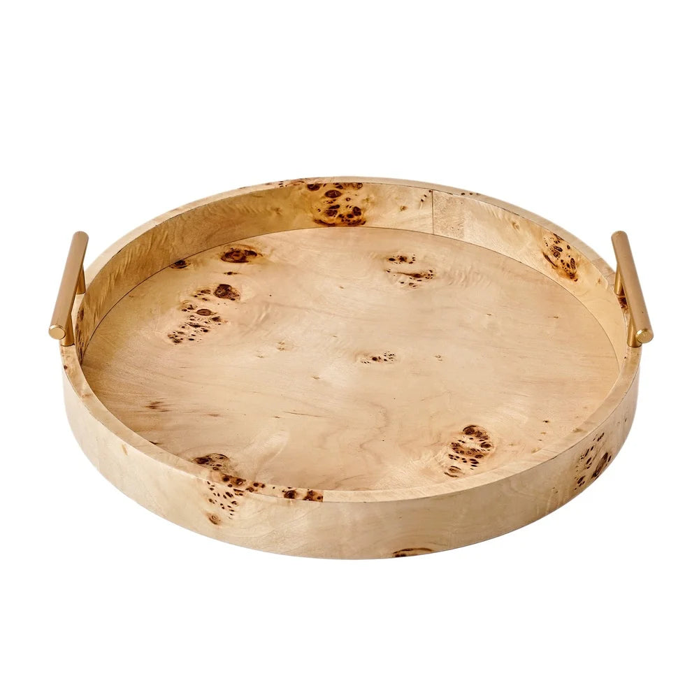 Round Burlwood Serving Tray With Gold Handles Lightweight Accent Piece For Drinks And Appetizers Home Decor 15.75 Inch