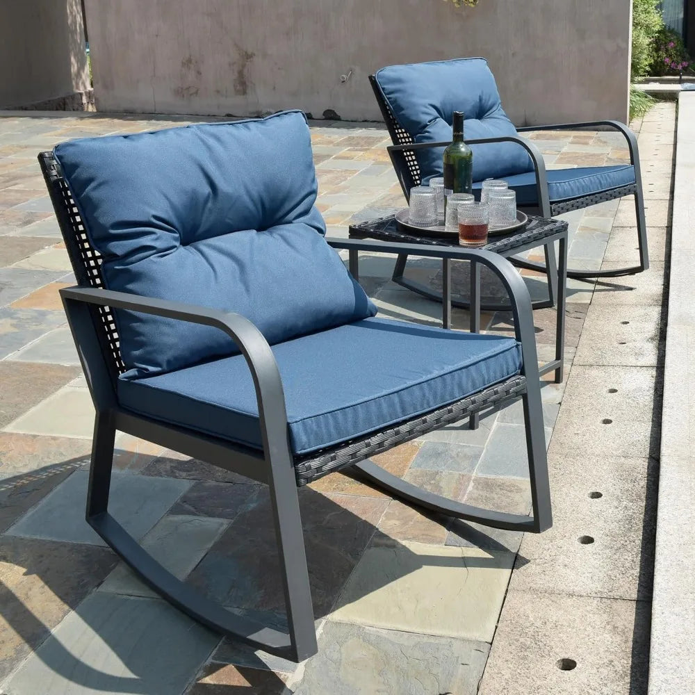 3 Piece Outdoor Rocking Bistro Set With Wicker Patio Furniture