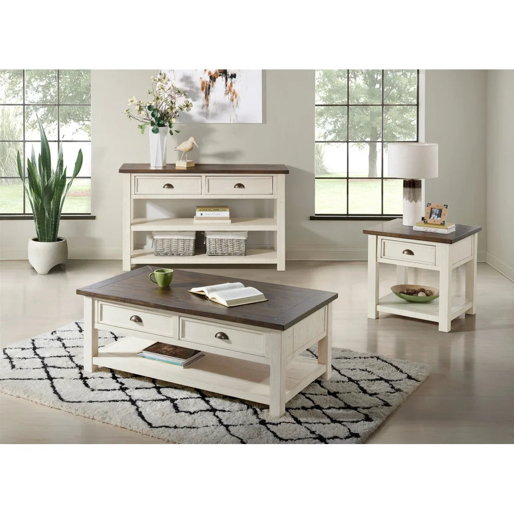 Coastal Farmhouse Style End Table Solid Pine Wood Storage Drawer Shelf Indoor Furniture Cream White Brown Finish