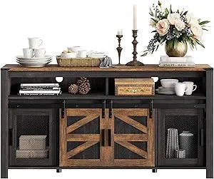 Farmhouse Buffet Cabinet Rustic Sideboard Sliding Barn Doors Mesh Doors 59 Inch Coffee Bar Storage Cabinet For Kitchen
