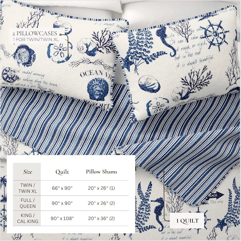 Twin Twin XL Coastal Bedding Set Summer Coastal Quilt with Sham Beach 2 Piece Reversible All Season Bedspread Quilt Set Lightweight Nautical Quilted Coverlet Navy