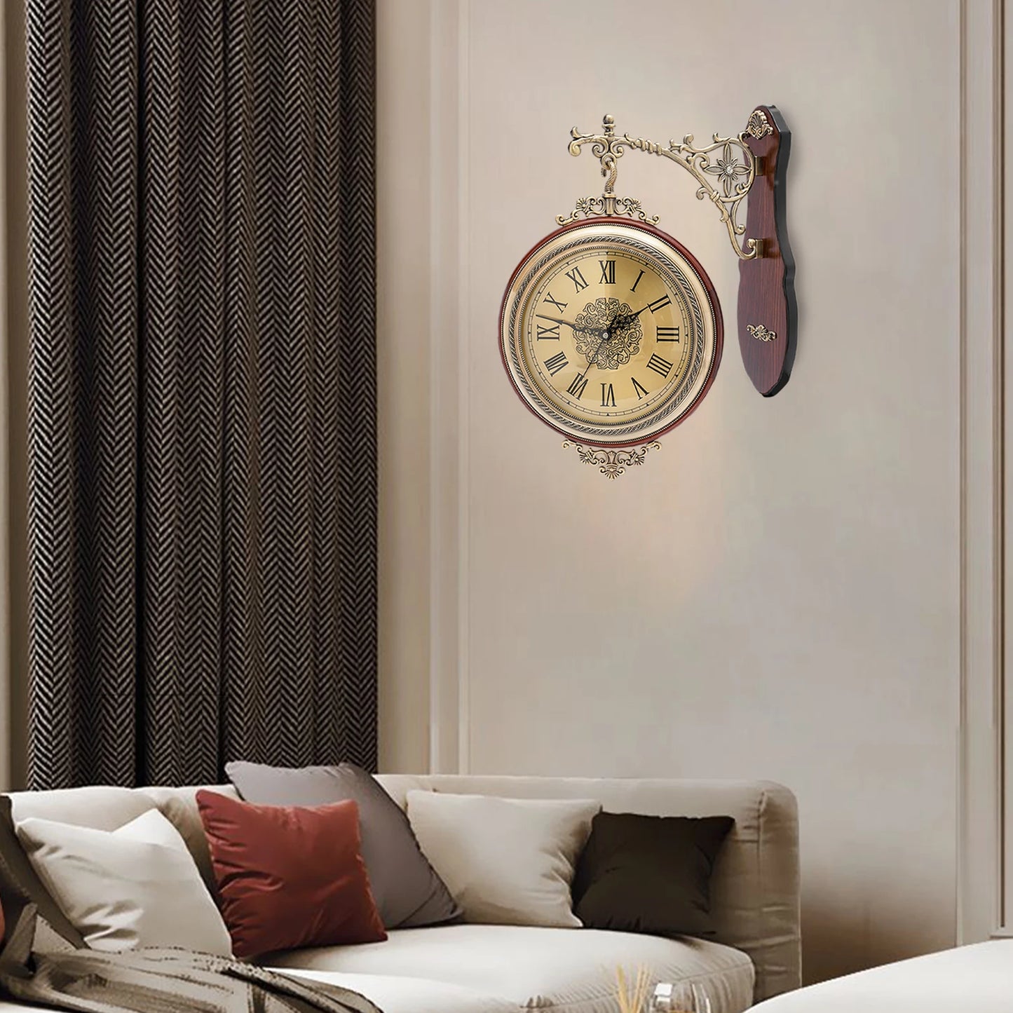 European Art Double Sided Wall Clock Silent Retro Large Metal Wood Living Room Home Decor