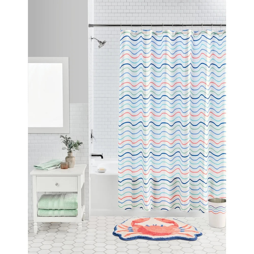 Coastal 13 Piece Fabric Shower Curtain Set With Chrome Hooks Wavy Stripe Design Bathroom Privacy And Water Protection