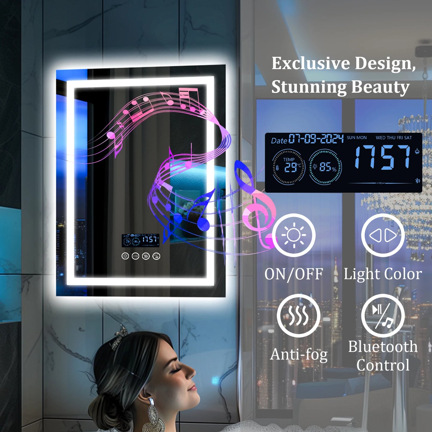 LED Lighted Bathroom Mirror With Bluetooth Speaker RGB Lighting Wall Mount