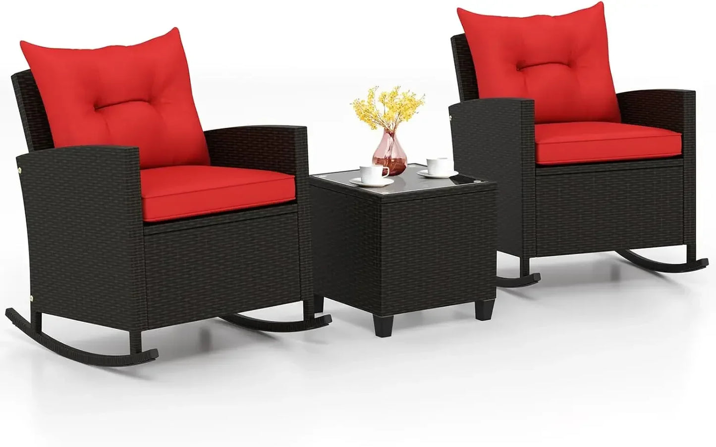 3 Piece Patio Rocking Bistro Set Wicker Outdoor Glass
