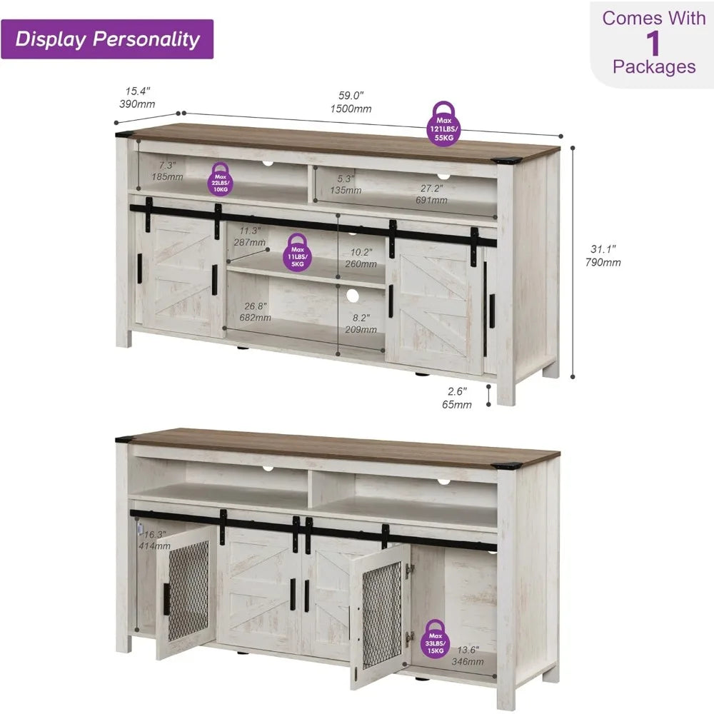 Farmhouse Buffet Cabinet Rustic Sideboard Sliding Barn Doors Mesh Doors 59 Inch Coffee Bar Storage Cabinet For Kitchen