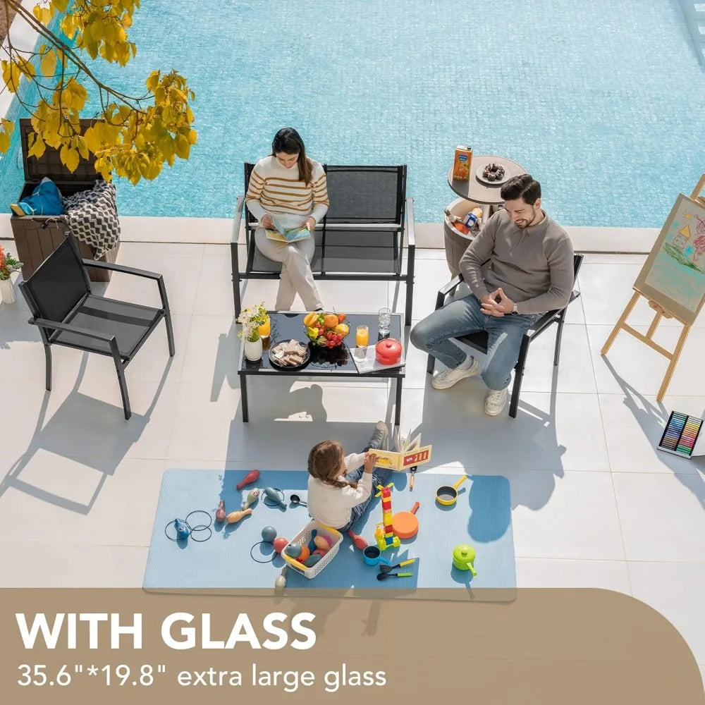 Black 4 Pieces Outdoor Patio Furniture Set With Glass Coffee Table For Garden And Poolside