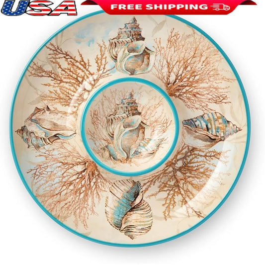 Coastal Seashell Coral Chip Dip Set 13.75 Inch Durable Ceramic Dishwasher Safe Ideal for Entertaining Parties