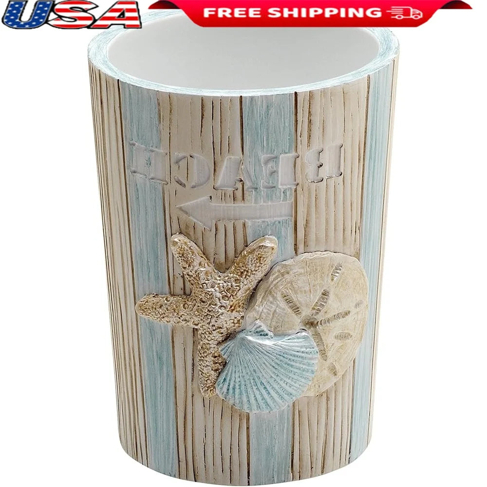 Seaside Serenity Resin Bathroom Tumbler Cotton Swab Holder Jewelry Holder Beach Decor Hand Painted Coastal Theme