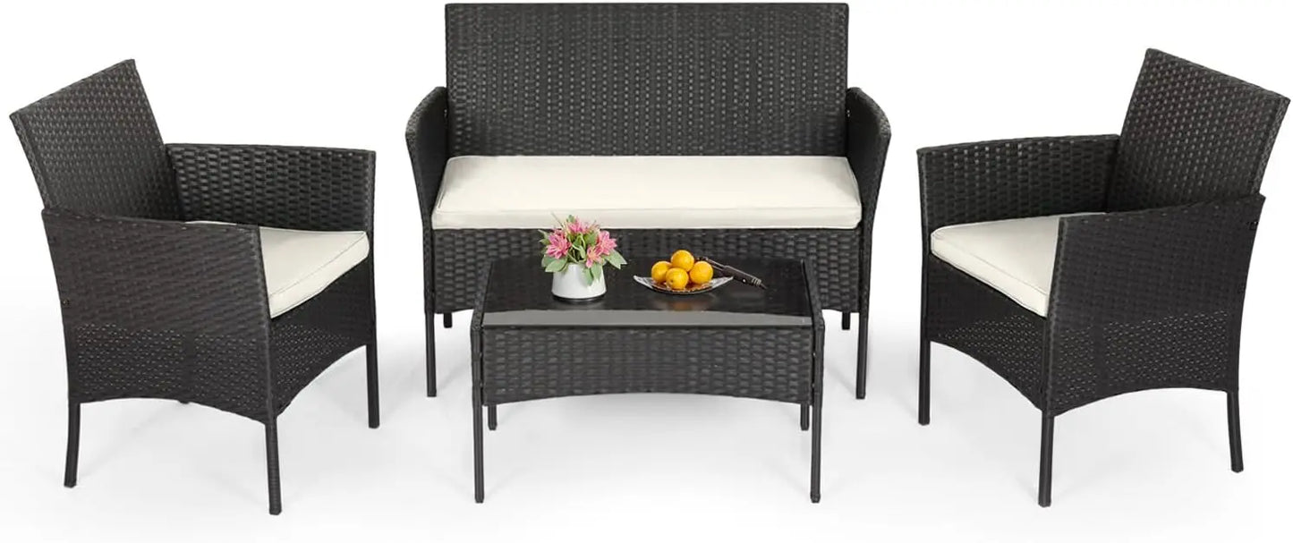 4 Piece Outdoor Patio Furniture Set Wicker With Coffee Table Rattan Chairs Black