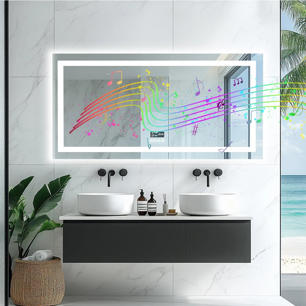 LED Lighted Bathroom Mirror With Bluetooth Speaker RGB Lighting Wall Mount