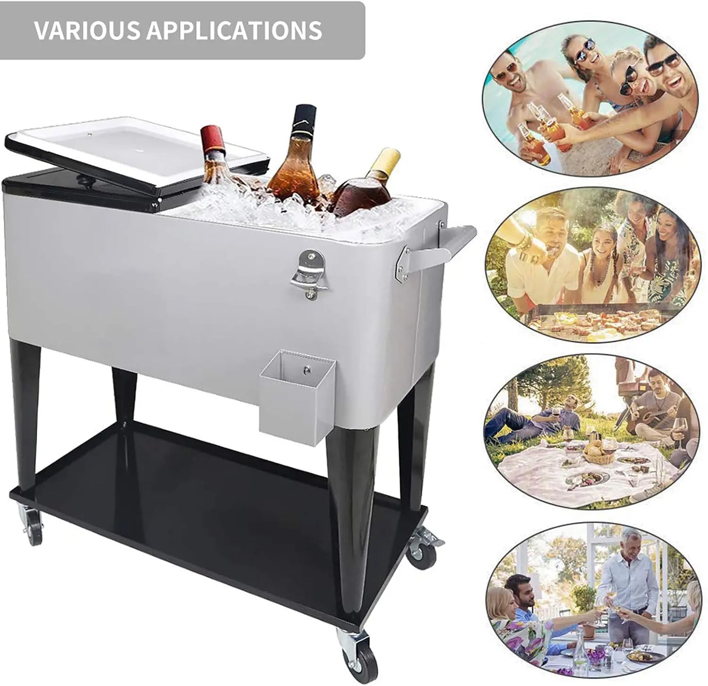 80 Qt Rolling Cooler Cart Ice Chest For Outdoor Patio Party