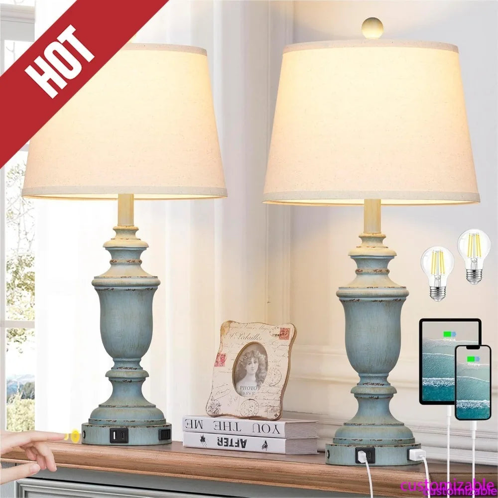 Coastal Table Lamps Set Of 2 With USB C Ports AC Outlet