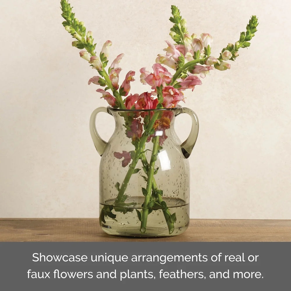 Green Handled Glass Vase Elegant Home Decor Floral Arrangement Display For Living Room Bedroom Kitchen Bathroom