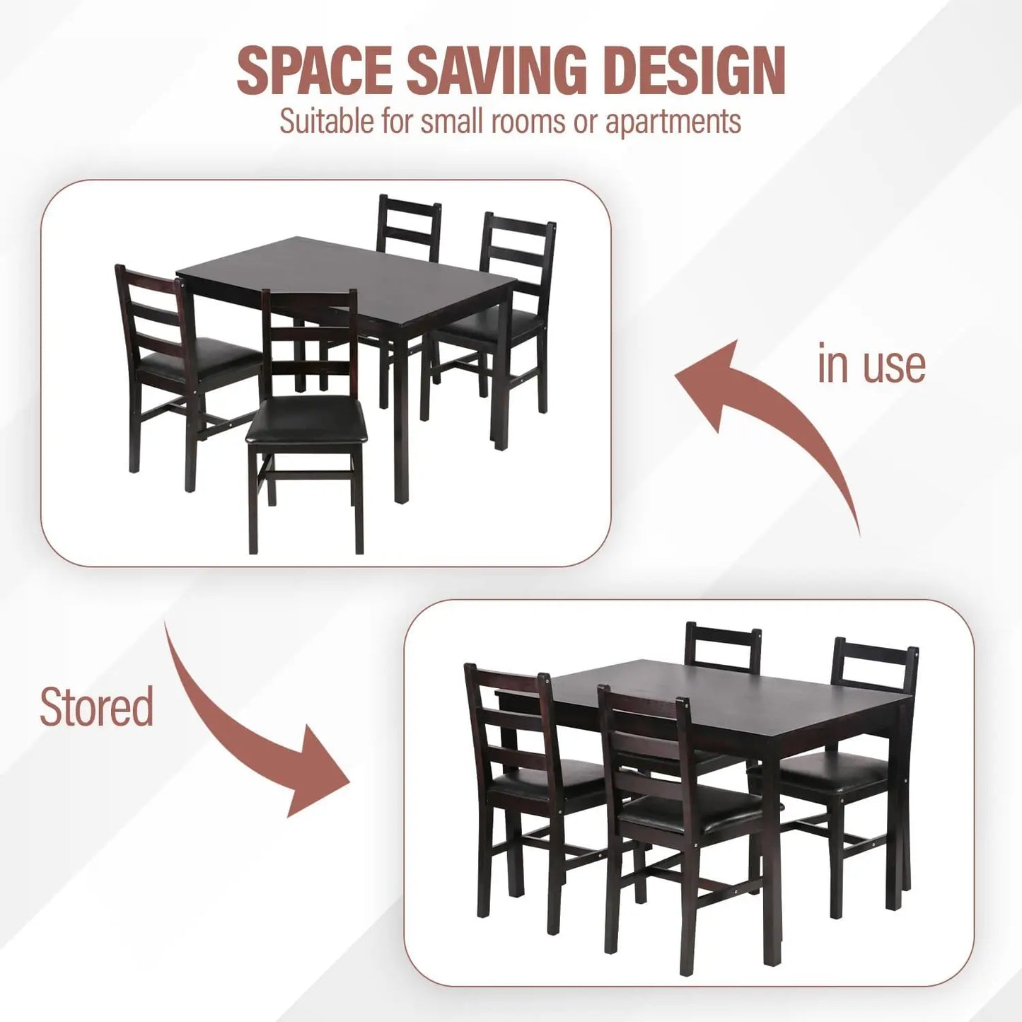 5 Piece Kitchen Dining Room Set Mid Century Wood Table and Chairs Dark Brown