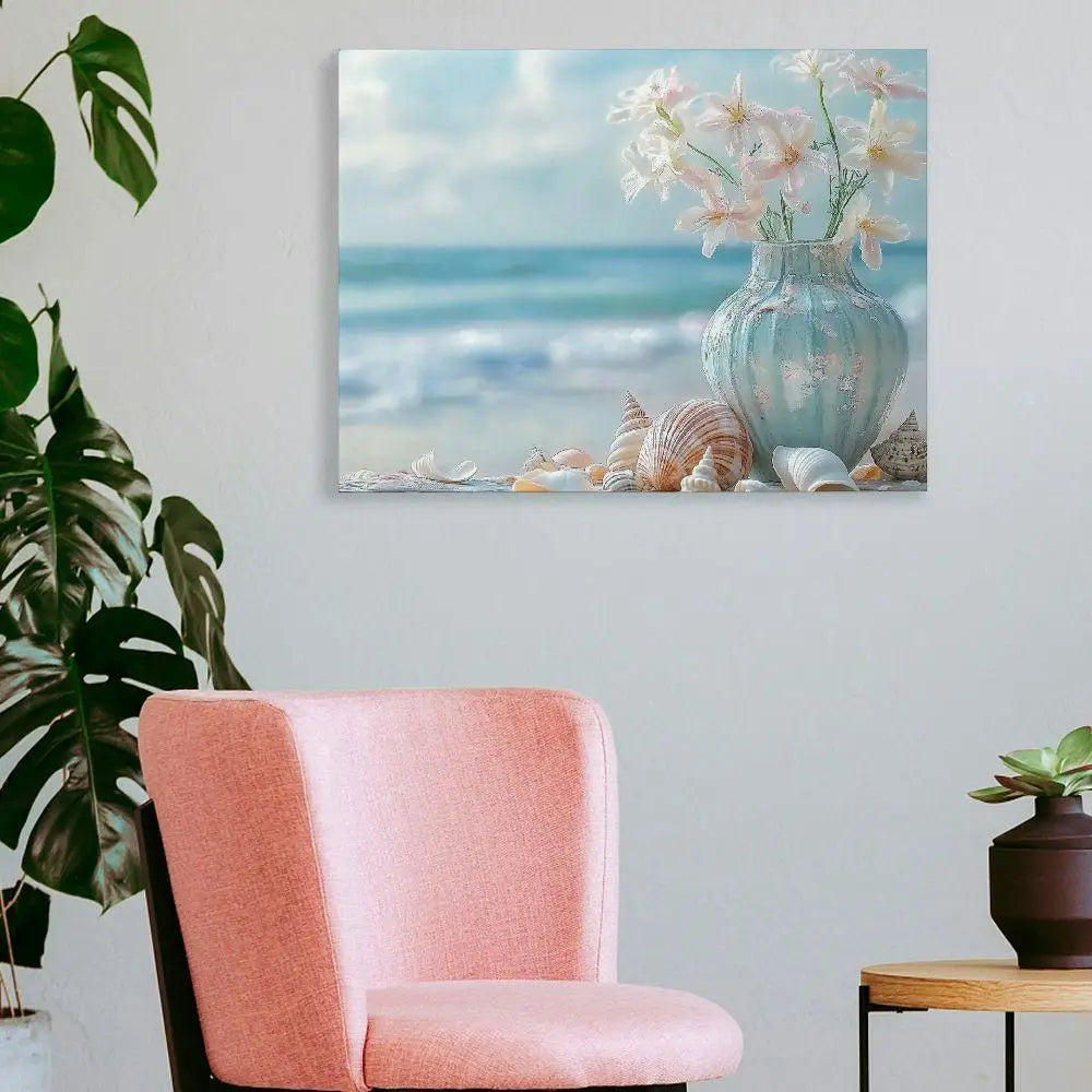Coastal Happiness Beach Scene Canvas Wall Art With Flowers