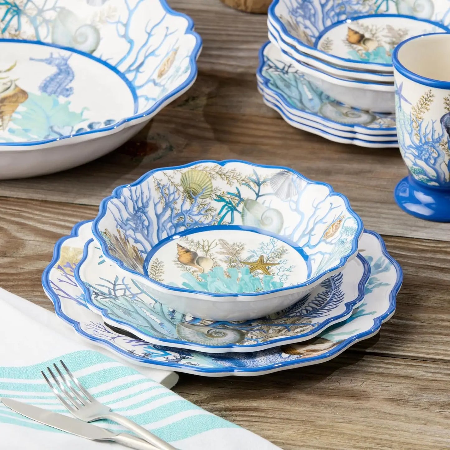 Blue Lagoon Melamine 12 Piece Dinnerware Set Service For 4 Coastal Coral Design 11 Inch Dinner Plates 9 Inch Salad Plate