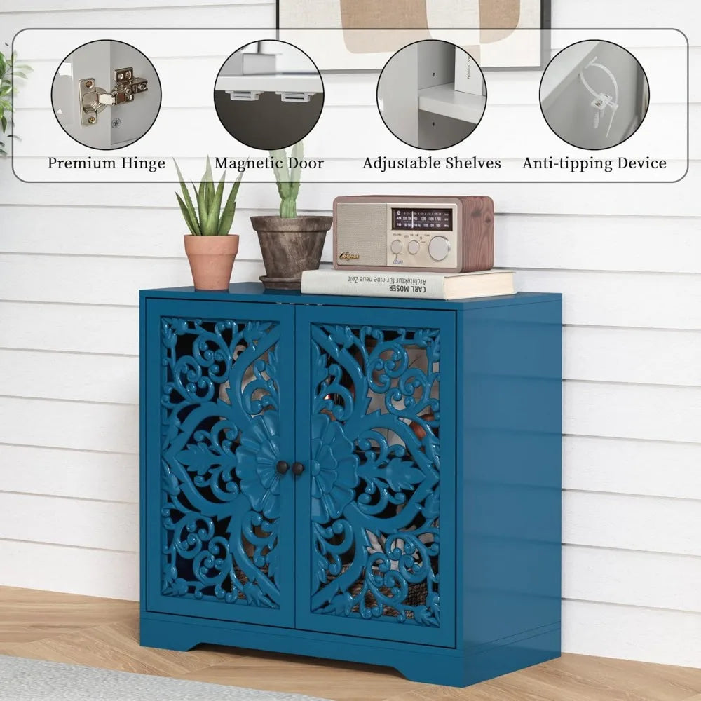 Blue Buffet Cabinet With Storage Wooden Carved Sideboard With Hollow Pattern And Adjustable Shelves Accent 2