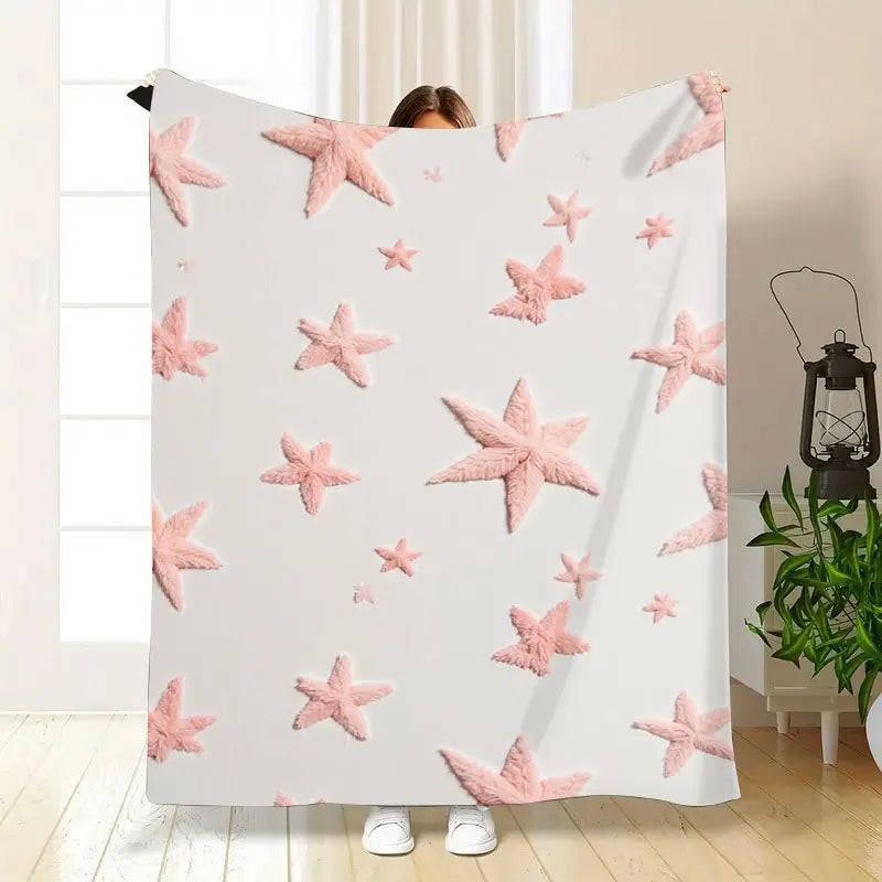 Soft Pink Starfish Embroidered Flannel Throw Blanket For Beach Vibes Decor