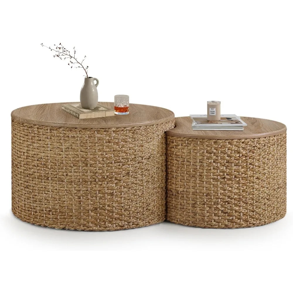 Nesting Coffee Table Set of 2 Coastal Woven Coffee Table with Storage Solid Wood Cover