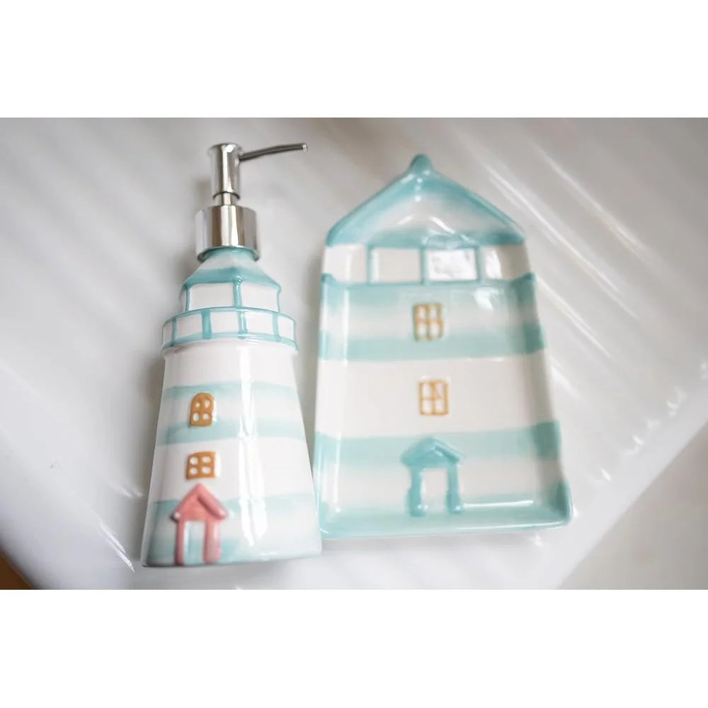 Ceramic Soap Dispenser Nautical Beach Hand Soap Pump Refillable 13oz Liquid Container Coastal Home Decor Bathroom