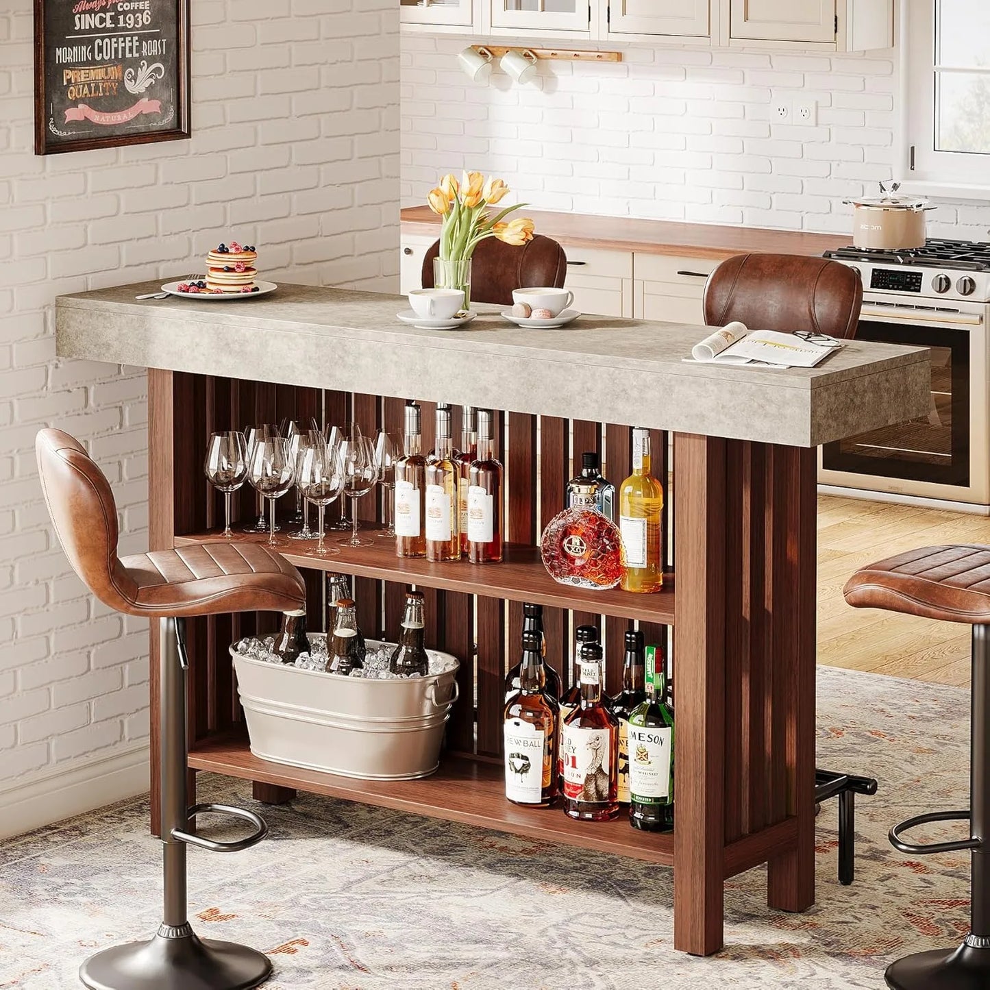 Little Tree 63 Inch Large Home Bar Unit With 2 Tier Kitchen Island Pub Table Footrest Modern Coffee Bar Cabinet