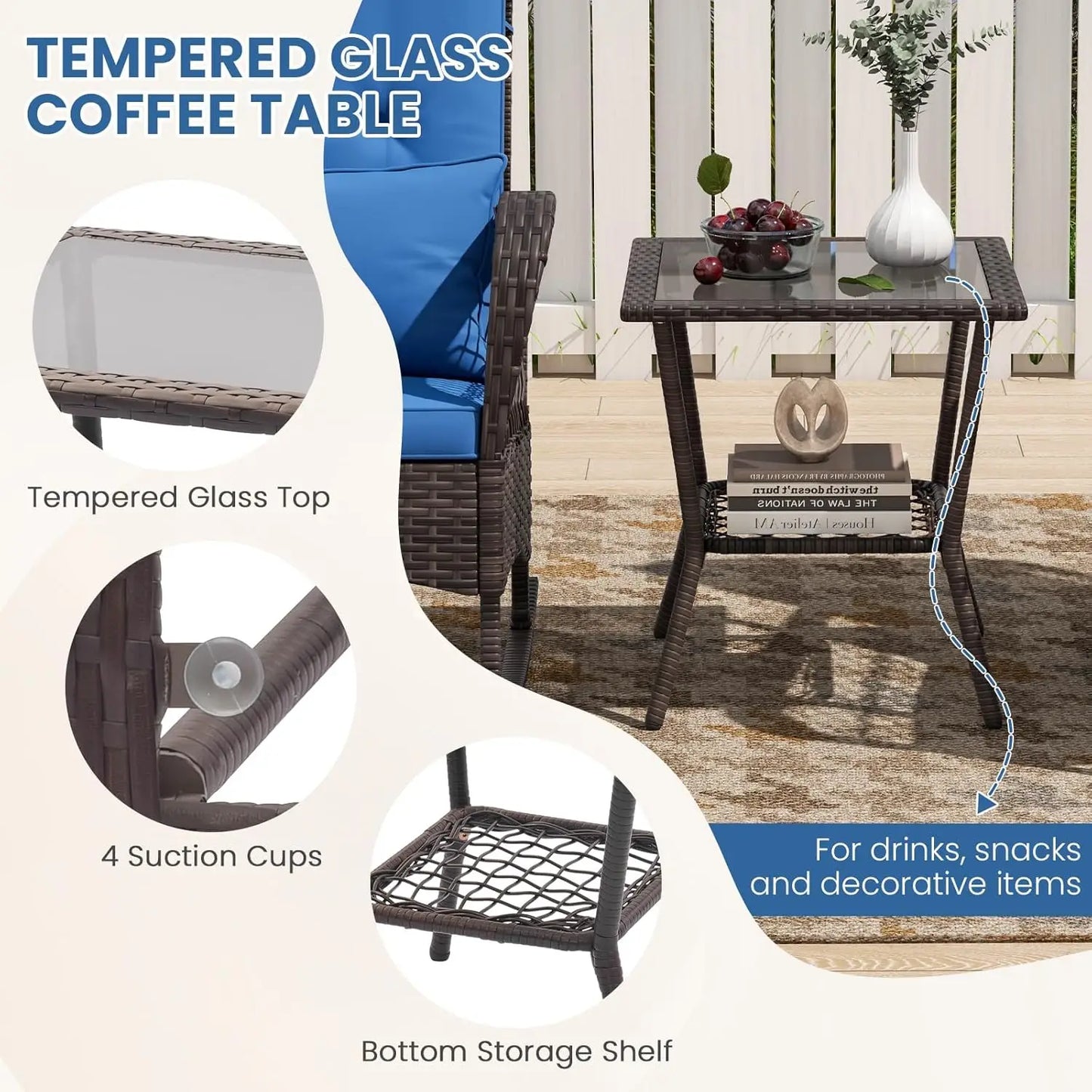 3 Piece Patio Wicker Rocker Set With Cushions Pillows