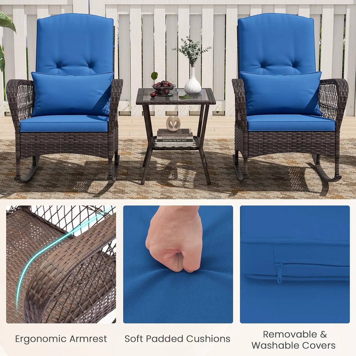 3 Piece Patio Wicker Rocker Set With Cushions Pillows