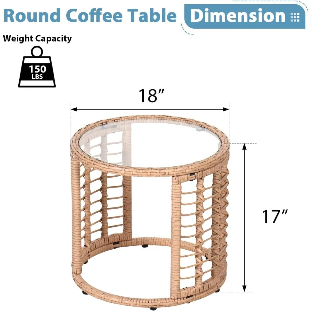 All Weather Round Wicker End Table With Glass Top For Outdoor Patio And Backyard