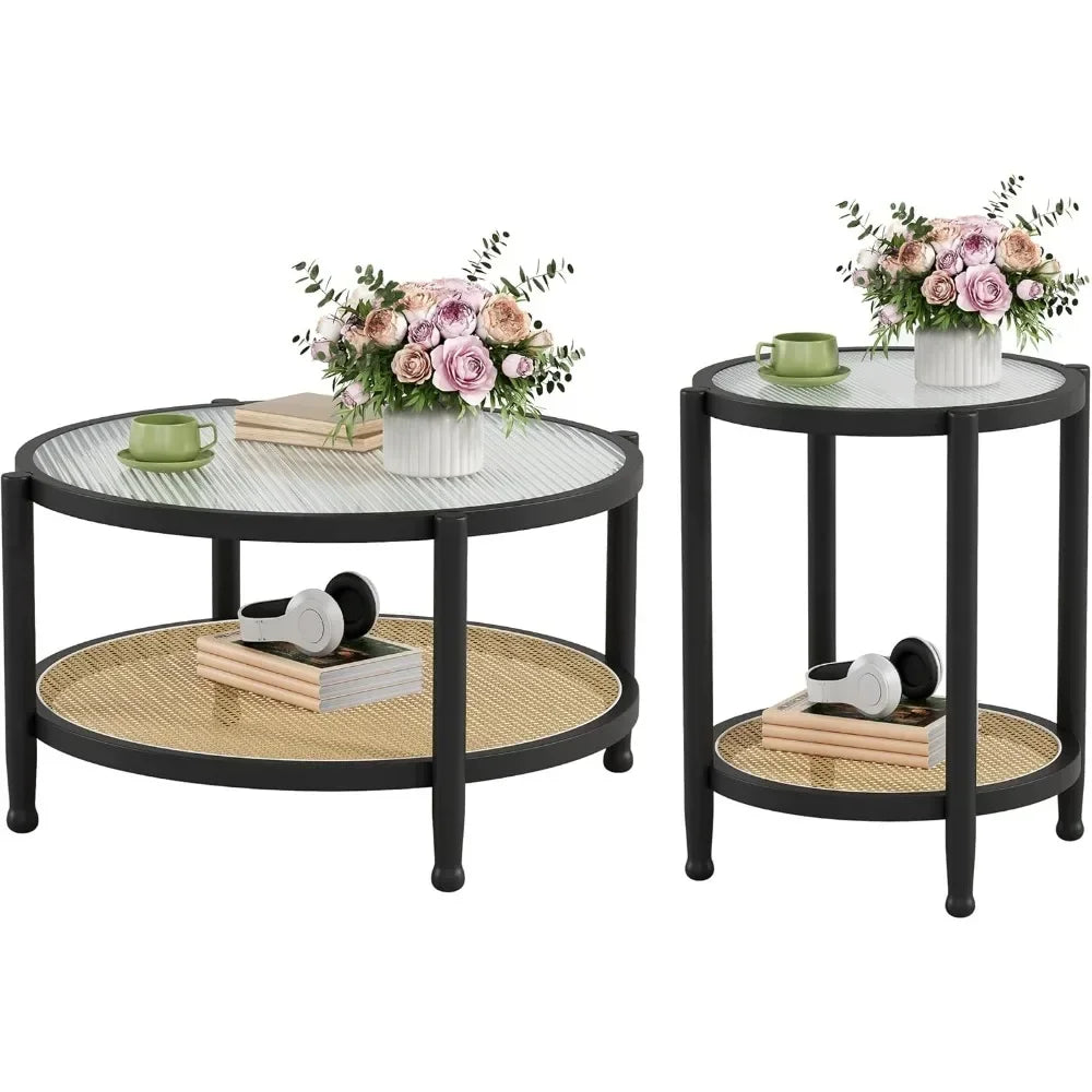 Rattan Round Coffee Table Set of 2 Farmhouse Boho Wood Two Tier Storage