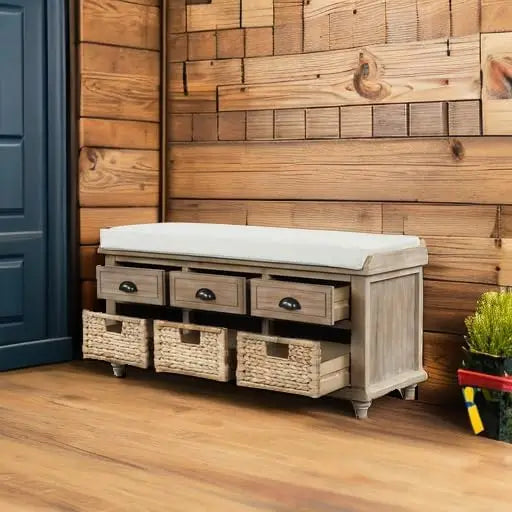 Wood Storage Bench With 3 Drawers And 3 Rattan Baskets, Rattan Entryway Bench With Removable Cushion White Washed