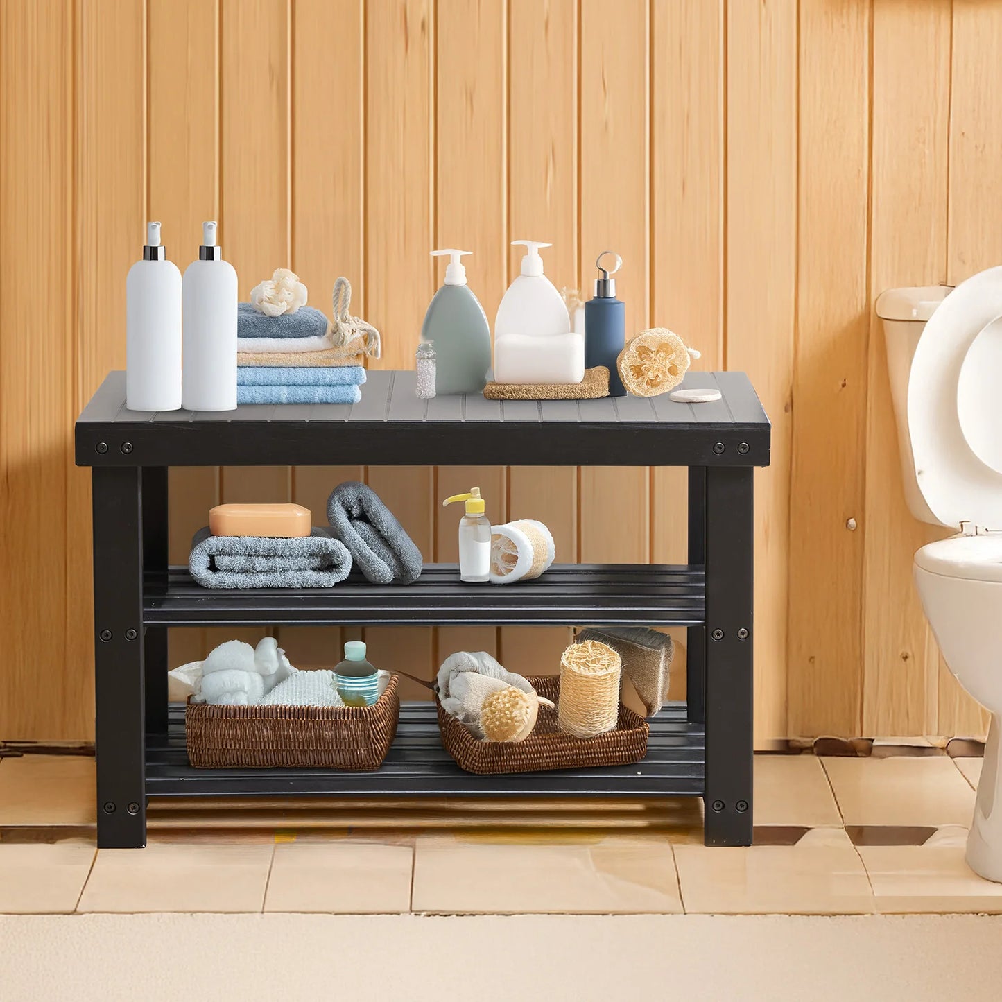 JHK Living Room Bamboo Shoe Rack Bench 3 Tier Organizer