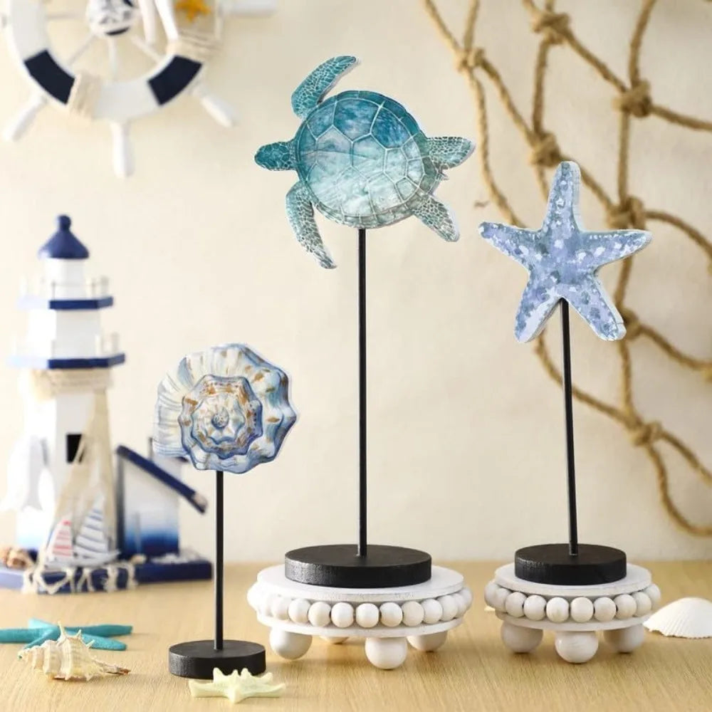 Set Of 3 Coastal Nautical Turtle And Starfish Wooden Block Decor Centerpieces