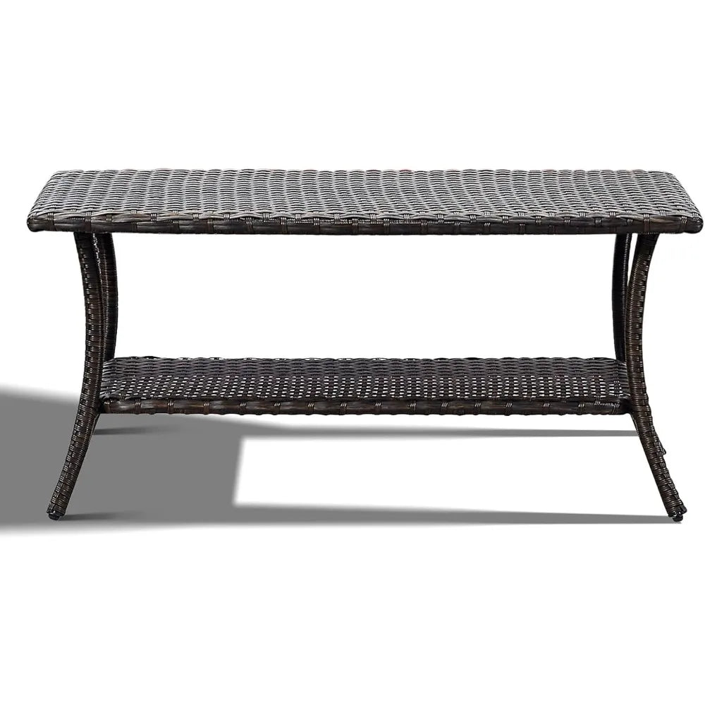 Outdoor Rattan Coffee Table With 2 Layer Storage For Garden Porch Backyard