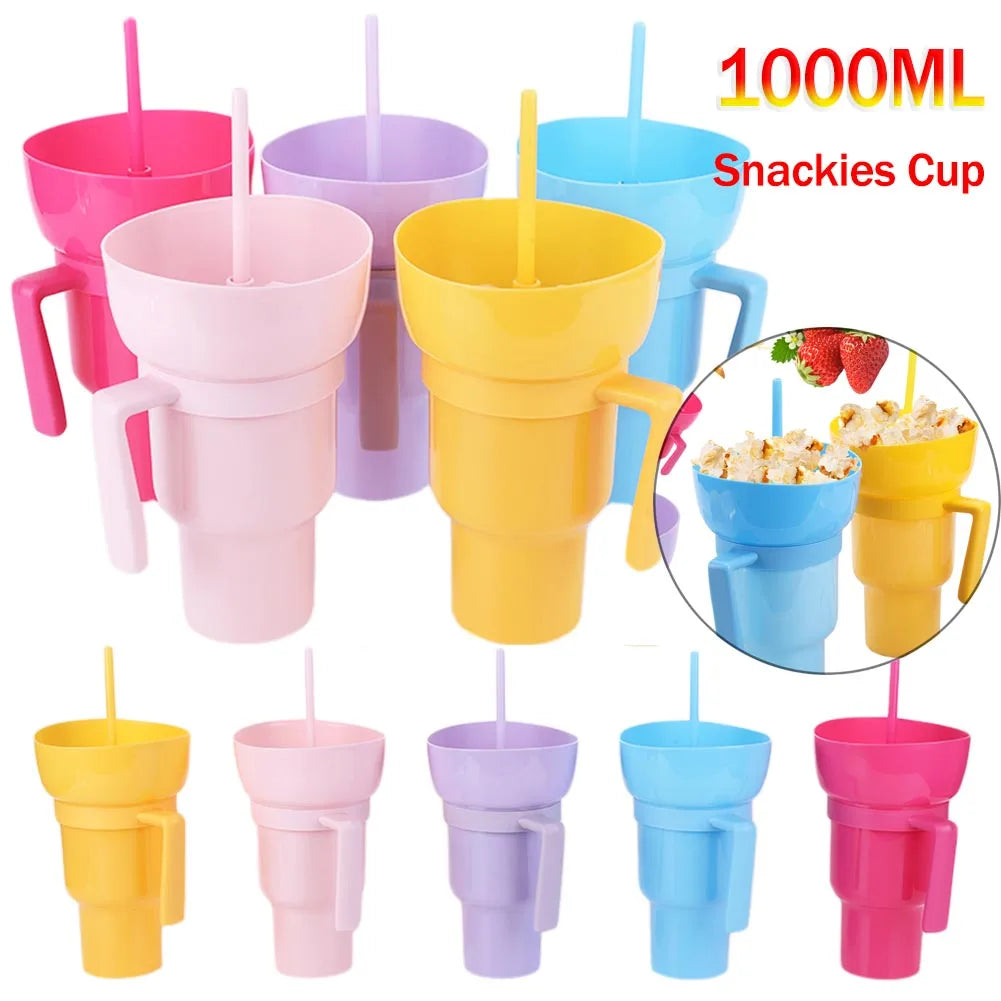 1000ml 2 In 1 Snack Cup With Straw Stadium Tumbler