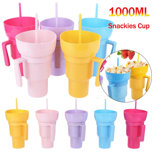 1000ml 2 In 1 Snack Cup With Straw Stadium Tumbler